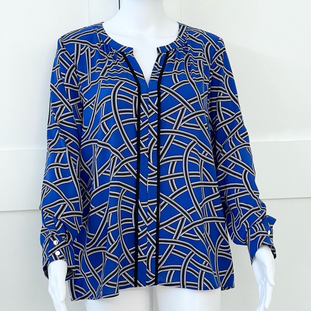 Calvin Klein Georgette Blouse Blue Geometric Print Long Sleeve with Buttons Cuff